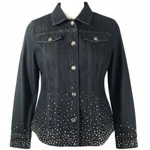 CHICO’S PLATINUM Women’s Dark wash Rhinestone Jeans Jacket size 2 Equivalent L